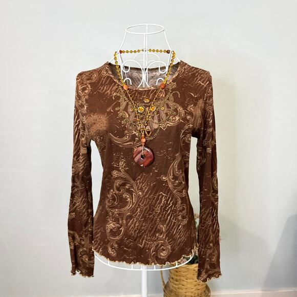 Cute vintage y2k 90s brown leopard/ zebra print long sleeve rhinestone top - Picture 1 of 7